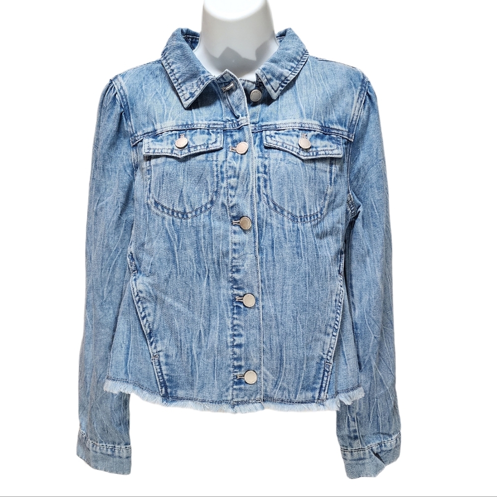 Wit & Wisdom Denim Jacket Puff Shoulder Long Sleeve Fray Hem Light Blue S